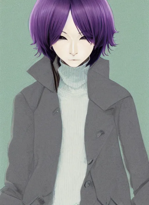 Image similar to illustration by shigenori soejima, by tatsuki fujimoto, by yoji shinakawa, girl, middle - parted long straight light purple hair, grey turtleneck coat, forest background, focus on face, pretty, moody lighting, painterly