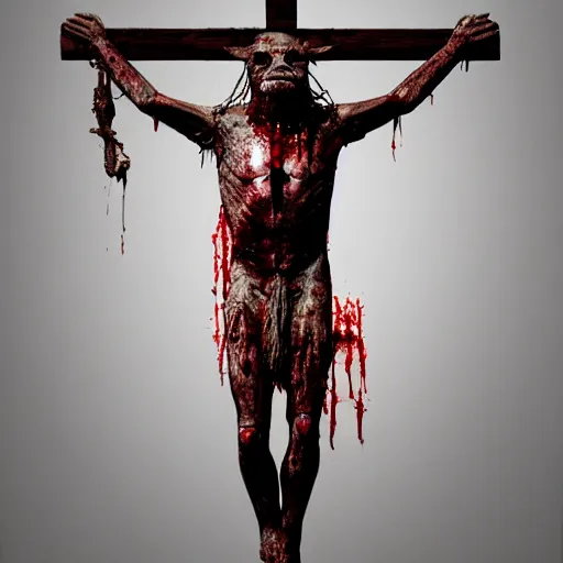 Prompt: a highly detailed realistic photographic render crucified bloody humanoid pig, bloody christ with the head of a pig, dead souls, religious sculpture, creepy, horror, horror scene, cinematic horror, creepy horror, scary scene, cinematic lighting, cinematic scene, Volumetric lighting, Atmospheric scene, Dark, Horror, Atmospheric lighting, Global illumination, realistic, photo realism, hyper realistic, hyper realism, photo realisitc, cinematic render, film, beautifully lit, ray traced, octane 3D render, octane render, unreal engine