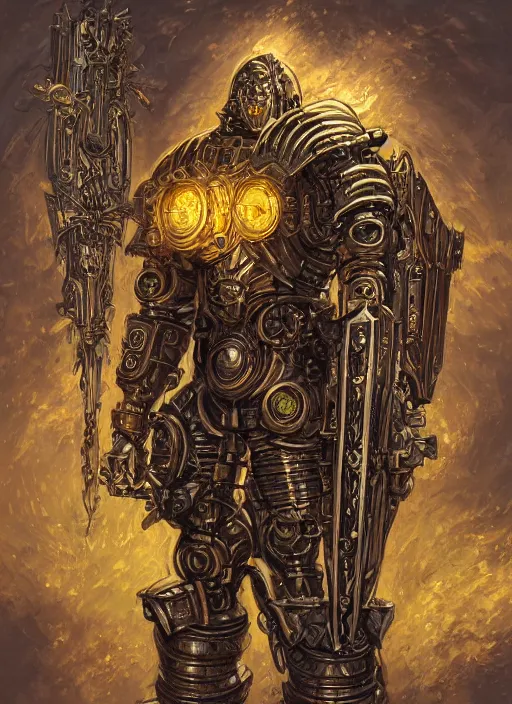 Image similar to dynamic portrait of a intricate glorious holy mechanical warforged character in yellow armor holding a paladin engraved great longsword and carrying a big paladin shield, spotlight from face , epic , trending on ArtStation, cinematic lighting, by Jesper Ejsing and by Philippe Druillet