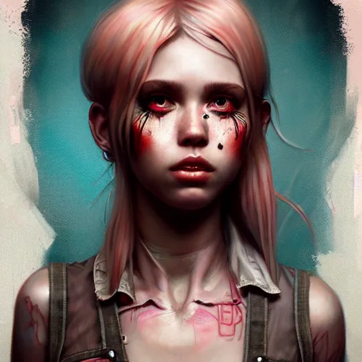 Image similar to full body pose, grungy alice, torn overalls, short shorts, combat boots, fishnets, beautiful, highly detailed face, true anatomy!, extremely detailed!, digital painting, unreal engine 5, art by tom bagshaw