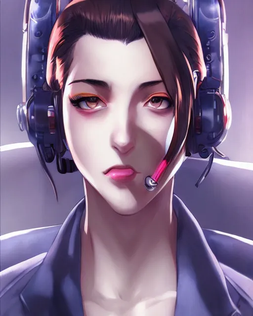 Image similar to portrait Anime 1940s Detective smoking, cyberpunk, high detail of the face, high detail, high modernization, artgerm, realistic shaded lighting ultra mega super hyper realistic