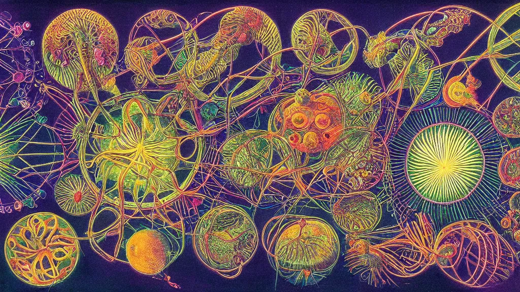 Image similar to quantum connections represented as symbiotic organisms like cells playing around with colorful lights by ernst haeckel