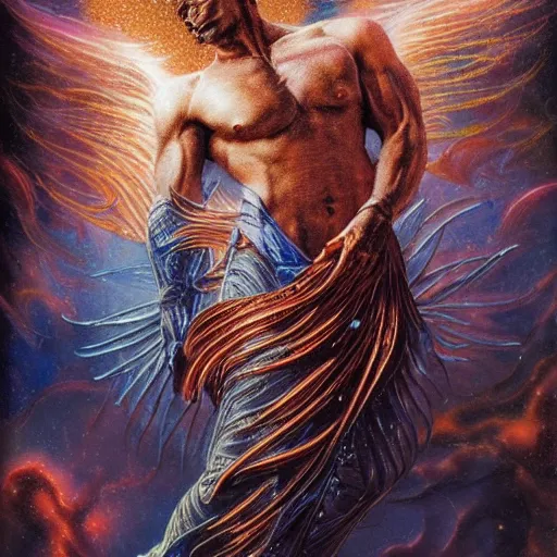 Prompt: full muscular body male made of gemsl with golden feathers ,thunder, shining light, nebulas, god rays by Karol Bak, Ayami Kojima, Amano