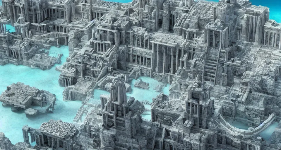 Image similar to an underwater view of the huge lost city of Atlantis, fully built buildings, white marble, hyper detailed, 4K