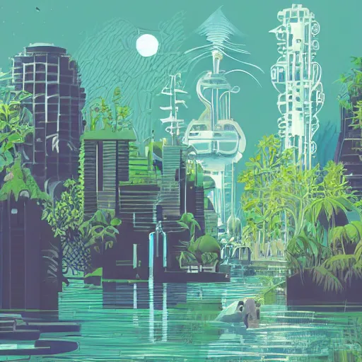 Image similar to beautiful happy picturesque charming organic futuristic sci - fi city in harmony with nature. water and plants. beautiful light. grainy and rough. soft colour scheme. beautiful artistic vector graphic design by lurid. ( 2 0 2 2 )