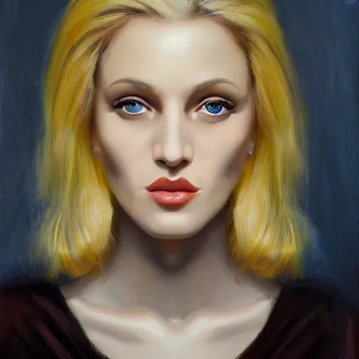 Image similar to a symmetrical portrait of a blonde woman with strong features, oil painting, pale colors, high detail, 8 k, wide angle, trending on artstation,