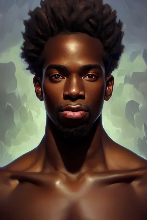 Image similar to clear portrait of a black attractive men, cottagecore!!, background hyper detailed, character concept, full body, dynamic pose, glowing lights!! intricate, elegant, highly detailed, digital painting, artstation, concept art, smooth, sharp focus, illustration, art by artgerm and greg rutkowski and alphonse mucha