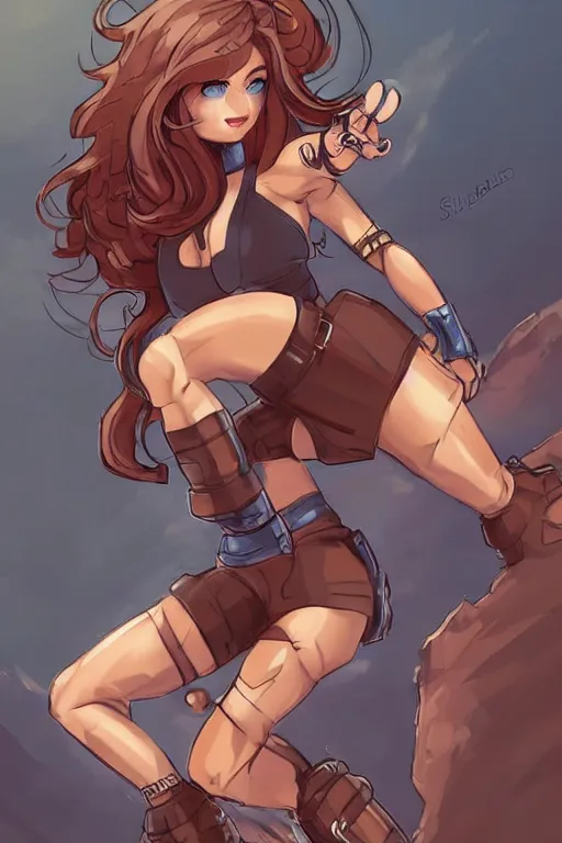 Prompt: a hyper muscular woman, bronze skinned, blue eyes, wearing a black cropped tank top, military pants, brown boots, wavy big red hair, 8 0's hairstyle, red lips, action pose, art by slugbox, cutesexyrobutts, dandonfuga, trending on deviantart, illustration, action scene, full body