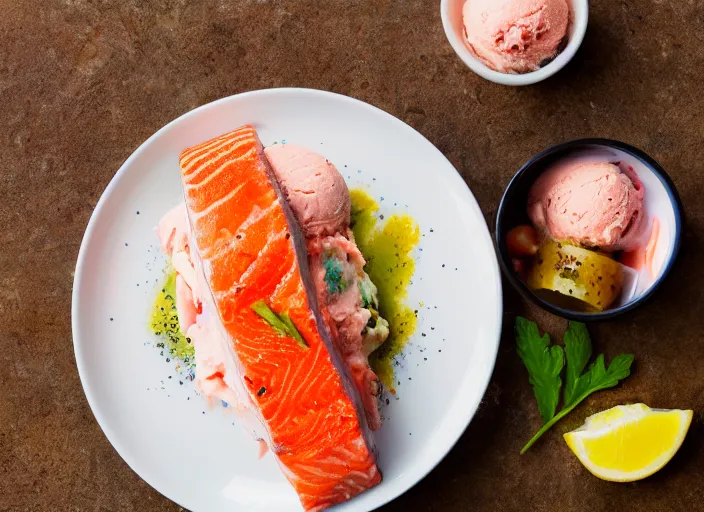 Image similar to dslr food photograph of salmon and wasabi ice cream sundae with salmon roe and wasabi drizzle, 8 5 mm f 1. 8