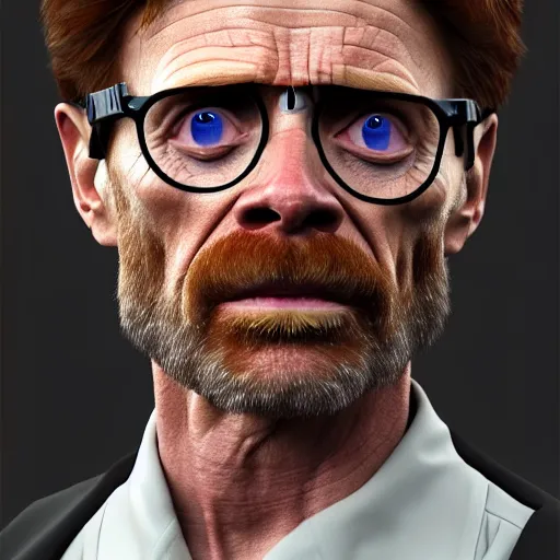 Image similar to willem defoe pretending to be a scientist 4 k, cinematic shot, painting by jama jurabaev, extremely detailed, brush hard, artstation, high quality, brush stroke