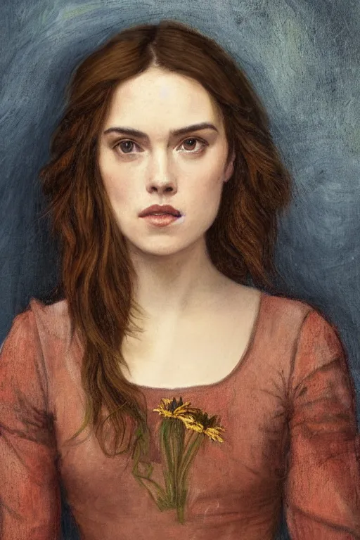 Image similar to a pre raphaelite painting of daisy ridley by dante gabriel rossett