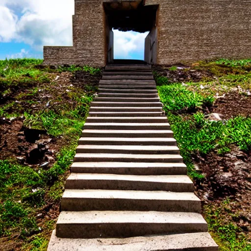 Prompt: steps into the sky leading to a floating door that opens up into another world