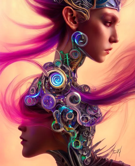 Prompt: a whirlwind of souls rushing inside the metaverse, half body, jewelry, fashionable haircut, pharaoh, android, cyborg, cyberpunk face, by loish, d & d, fantasy, intricate, elegant, highly detailed, colorful, vivid color, digital painting, artstation, concept art, art by artgerm and greg rutkowski and alphonse mucha