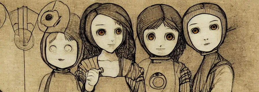 Image similar to anthropomorphic social bot network, cute anime girl, leonardo da vinci style