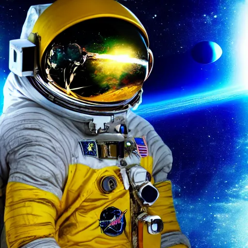 Prompt: astronaut in space, galactic background reflections on suit on one side and a yellow planet on the other side