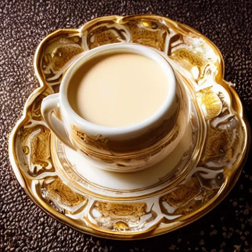 Prompt: ultra realistic photo of a cup of delicatessen pasticceria dolce cream in golden cup with rich details and luxury plates