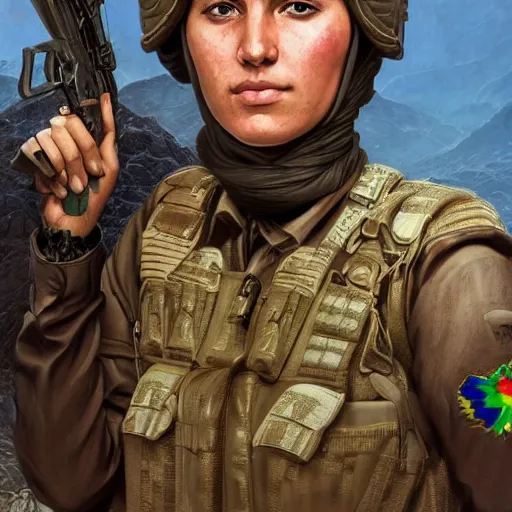 Image similar to beautiful YPJ soldier wearing a Kurdistan flag insignia in the defense of Kobanî in the siege of Kobanî, detailed, centered, digital painting, artstation, concept art, donato giancola, Joseph Christian Leyendecker, Boris Vallejo, Breathtaking, 8k resolution, extremely detailed, beautiful, establishing shot, artistic, hyperrealistic, beautiful face, octane render