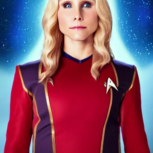 Image similar to a beautiful full body photograph of kristen bell as a star fleet officer from star trek next generation, extreme realism and detail, 8 k, completely framed, direct lighting, 3 5 mm photo, photorealistic, sharp focus