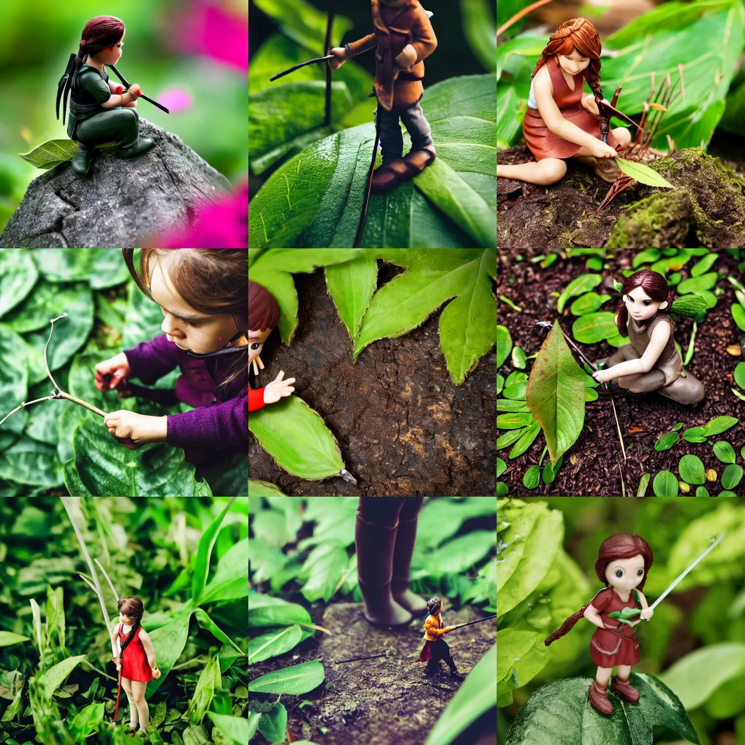 Prompt: Small Katniss Everdeen dwarfed by a leaf, in a garden, macro photography