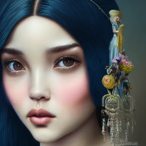 Prompt: tom bagshaw portrait, beautiful asian mix of dove cameron madison beer bella poarch in a full dress body, water goddess queen makeup and ornamentals, professionally retouched, focus eyes, ultra realistic soft painting, insanely detailed linework, symmetrical accurate intricate features, behance, 8 k