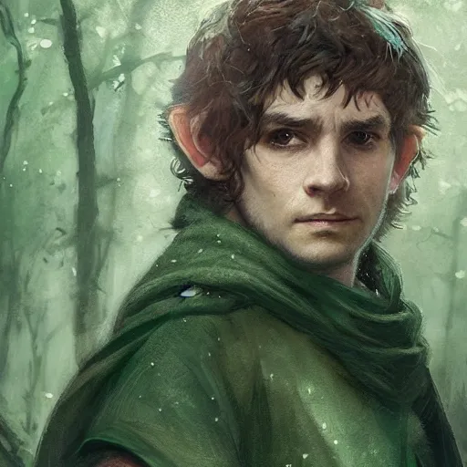 Image similar to a portrait of a handsome hobbit rogue wearing a dark green hood and a cloak in the forest, wearing adventure gear, ultra realistic, detailed, masterpiece, short hair cut, clean shaven, by Greg Rutkowski, trending on ArtStation