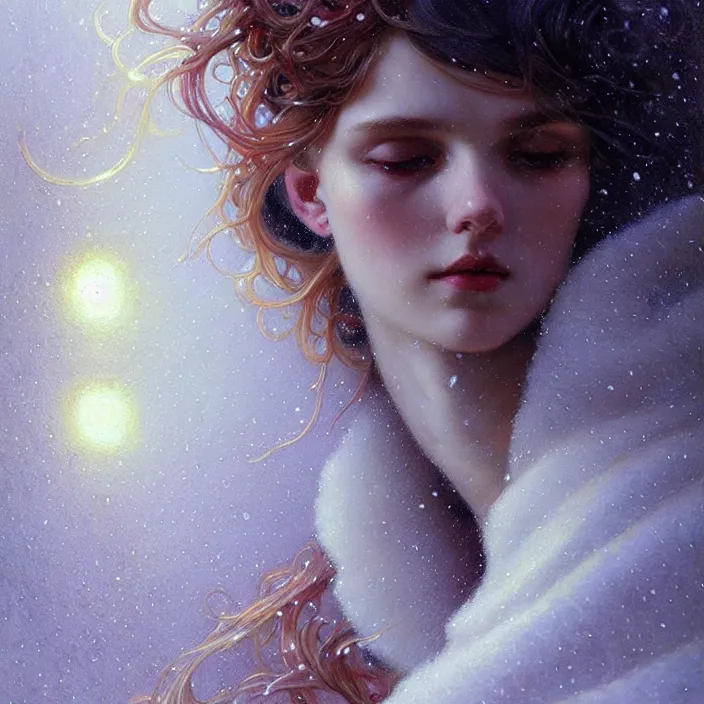 Image similar to psychedelic snowfall, diffuse lighting, fantasy, intricate, elegant, highly detailed, lifelike, photorealistic, digital painting, artstation, illustration, concept art, smooth, sharp focus, art by John Collier and Albert Aublet and Krenz Cushart and Artem Demura and Alphonse Mucha