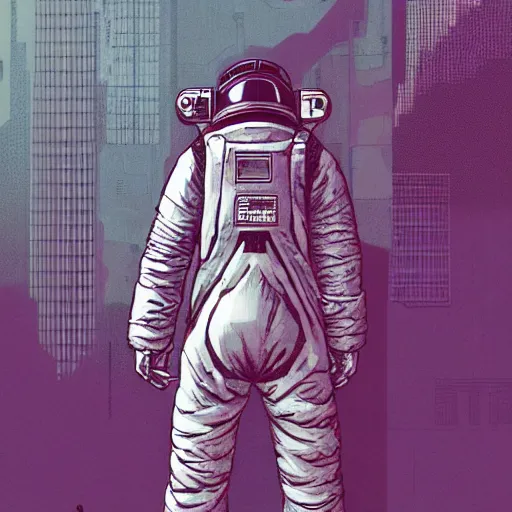 Image similar to cyberpunk japanese man with long limbs and a black spacesuit on a spacewalk, techwear, Industrial Scifi, detailed illustration, character portrait, by Martin Grip and Moebius