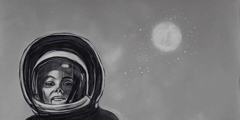 Image similar to charcoal portrait of a woman wearing a space helmet, scifi, big clouds visible in the background, stars in the sky, high contrast, deep black tones, charcoal smears