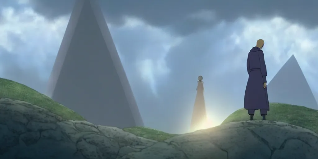 Prompt: a cell - shaded cartoon movie still from howl's moving castle ( 2 0 0 4 ) of a monk in a grey robe. in the background is a white pyramid with a golden capstone in the ocean. shafts of sunlight come from above. wide shot, very dull muted colors, hd, 4 k, hq