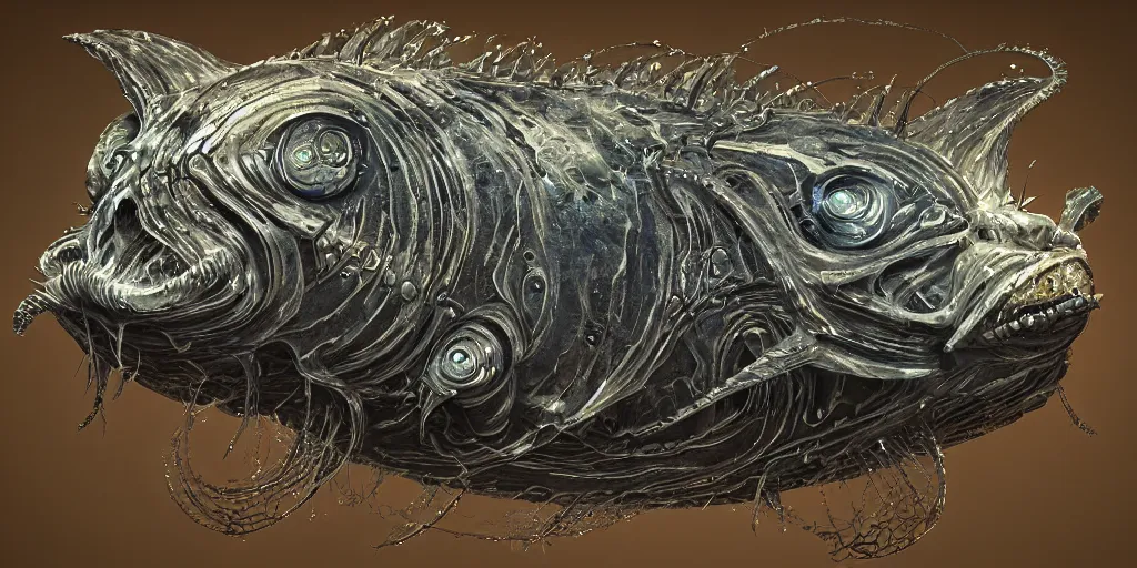 Image similar to angler fish sculpture, stylized layered shapes, bioluminescent orbs, diffuse lighting, fantasy, intricate, elegant, highly detailed, lifelike, photorealistic, digital painting, artstation, illustration, concept art, smooth, sharp focus, art by h r giger