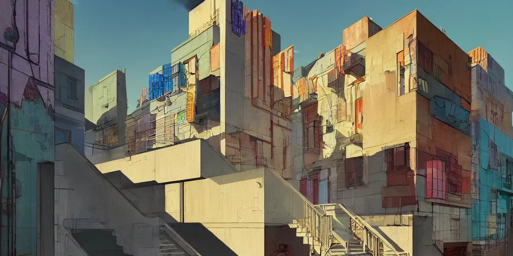 Image similar to neo brutralism, concrete housing, a long stairway going up, concept art, colorful, vivid colors, sunshine, light, shadows, reflections, oilpainting, cinematic, 3D, in the style of Akihiko Yoshida and Edward Hopper