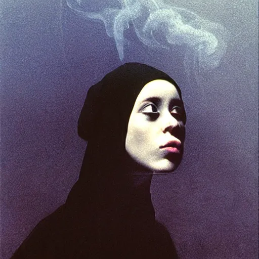 Image similar to a young black nun smoking and puffing lots of smoke, minimalistic background, by Beksinski