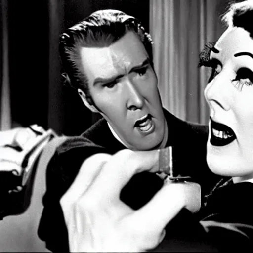 Image similar to scene from the horror picture show with james stewart!!!! james stewart!!!! is acting surprised and holds a revolver