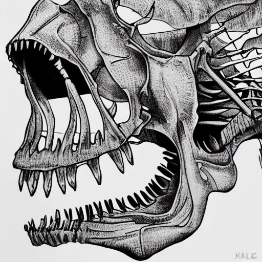 dinosaur skeleton outline, black ink on white paper | Stable Diffusion