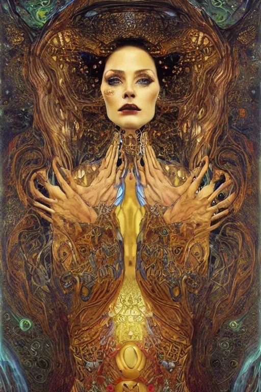 Image similar to Intermittent Chance of Chaos Muse by Karol Bak, Jean Deville, Gustav Klimt, and Vincent Van Gogh, beautiful Surreality portrait, enigma, Loki's Pet Project, destiny, Poe's Angel, fate, inspiration, muse, otherworldly, fractal structures, arcane, ornate gilded medieval icon, third eye, spirals