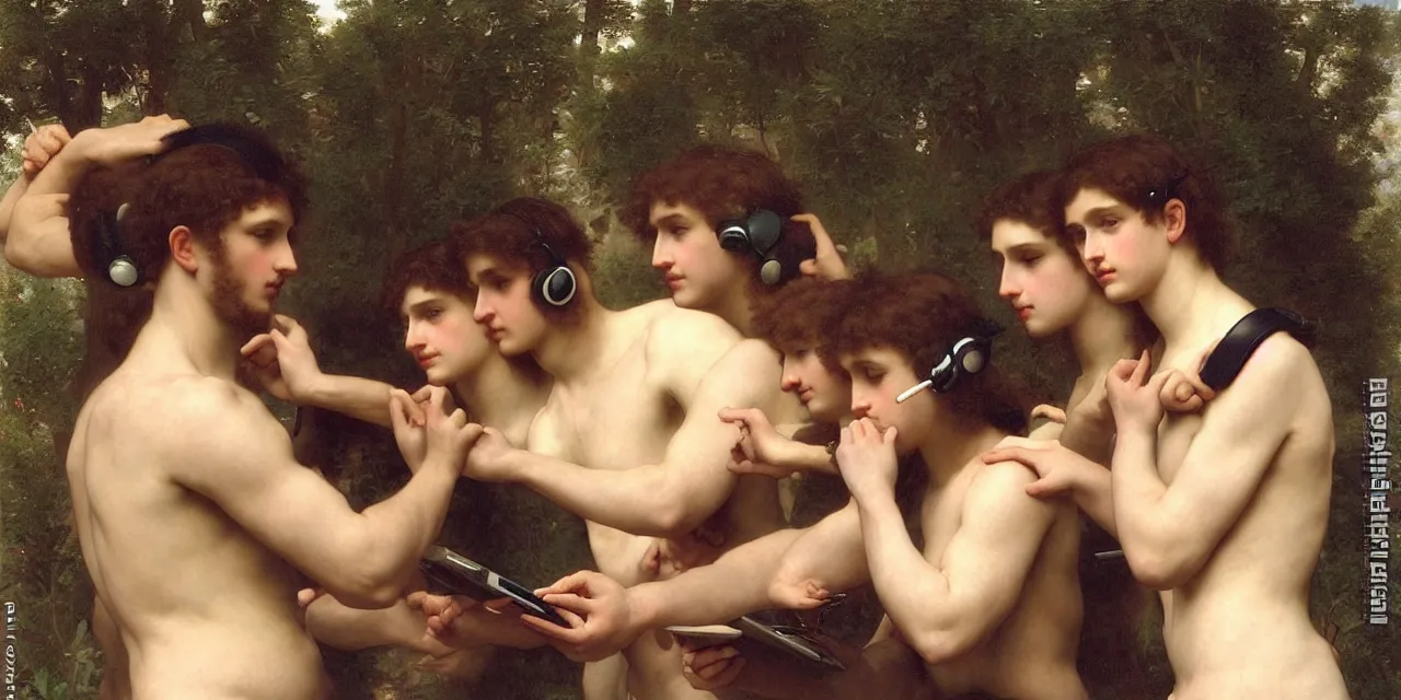 Image similar to a large group of pre - raphaelite athletic males wearing headset holding macbook! by bouguereau