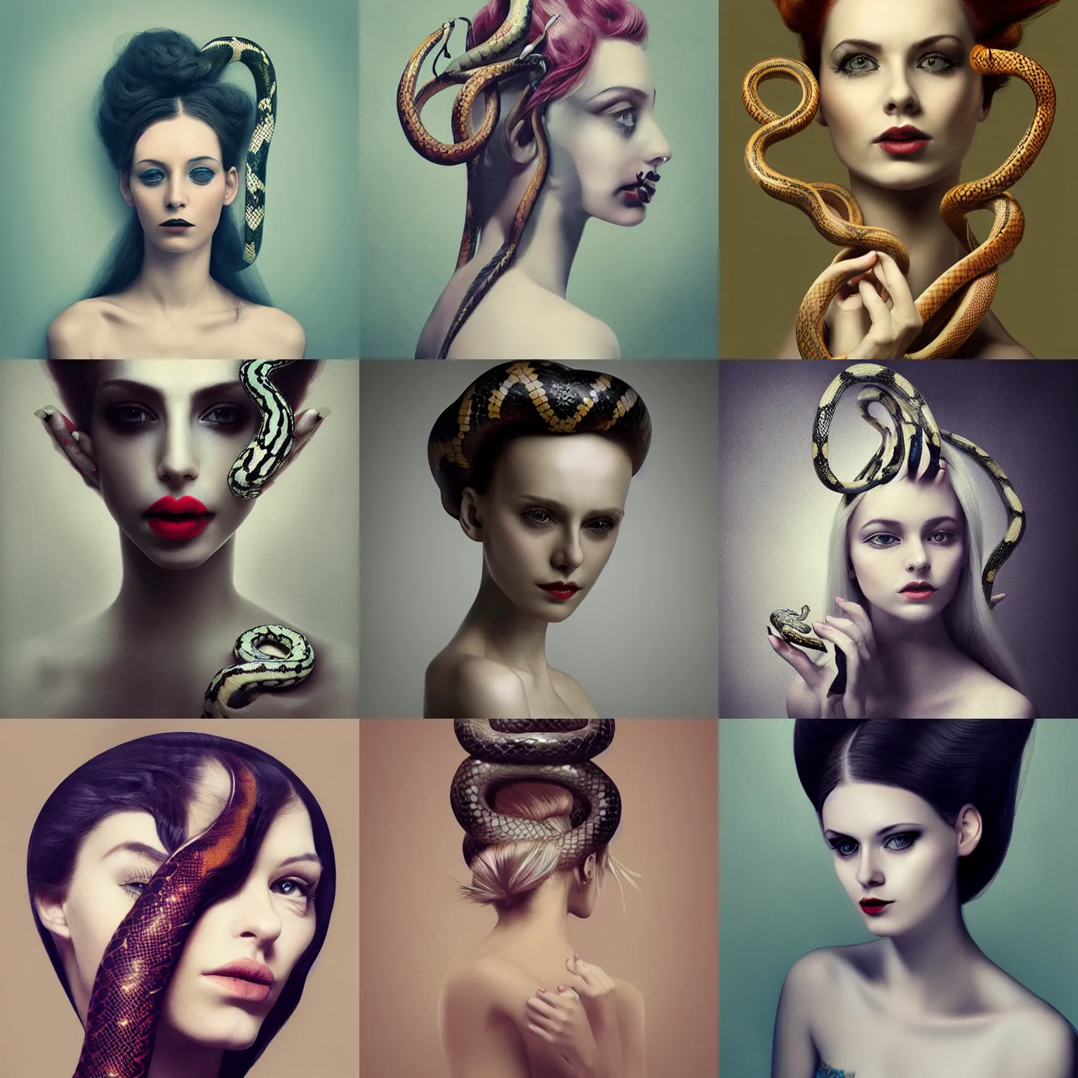 Prompt: a beautiful artwork of a woman with snakes for hair, by Flora Borsi featured on artstation