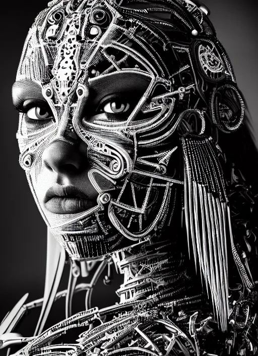 Image similar to a stunning young female crow - cyborg - human profile face, face is made intricate tribal bio - mechanical, editorial photography, bw, shot on 7 0 mm, depth of field, f / 2. 8, high contrast, 1 6 k, volumetric lighting, shiny, insanely detailed and intricate, hypermaximalist, elegant, ornate, hyper realistic, super detailed