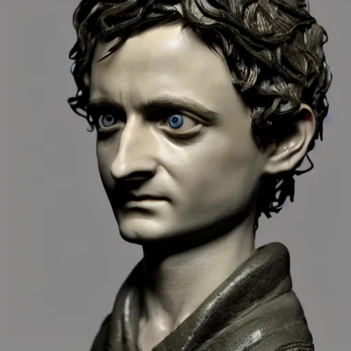 Image similar to tribute sculpture of elijah wood as frodo, high detail shot, smoking, render, cgsociety, photorealism