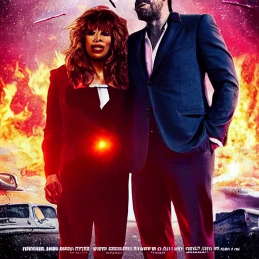 Image similar to movie poster of movie climate catastrophe 2 0 5 0, where the world is burning from global warming. starring ben affleck and tina turner.