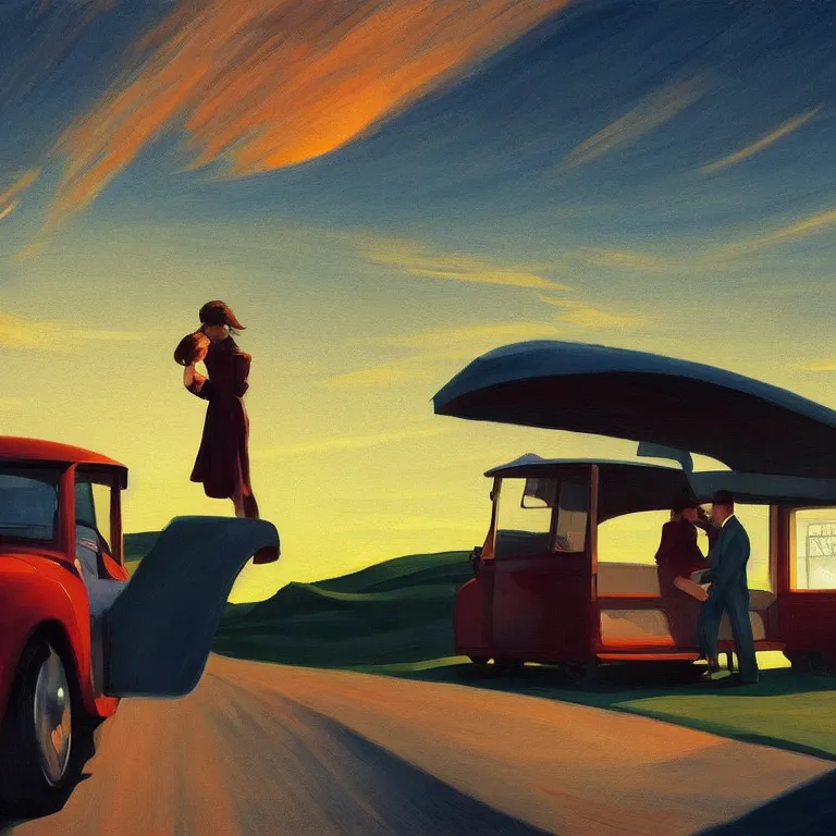 Prompt: a storybook illustration of a couple in car driving into the sunset scene painted by Edward Hopper masterpiece, intricate, elegant, fantasy, highly detailed, digital painting, concept art, sharp focus, artstation