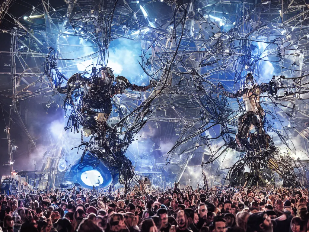 Image similar to a cyborg dj is playing a vast array of highly evolved musical technology on a stage surrounded by an incredible and complex circular robotic structure playing highly evolved music overlooking a crowd at a forest festival lit by fire