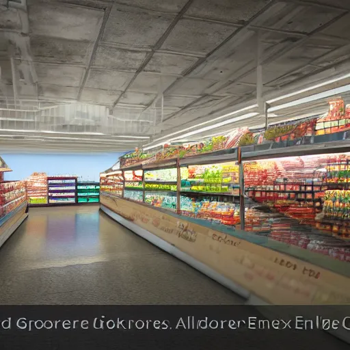 Image similar to grocery store aisle at the bottom of the ocean, cinematic movie scene, 120mm wide shot, precise architectural rendering, concept art, unreal engine, octane render, god rays