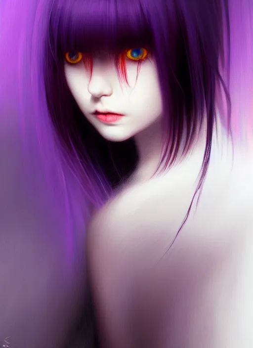 Image similar to hair whitebangs hair, black hair, whitebangs, portrait of teenage girl with white bangs, red irises, purple clothes, white bangs, bangs are different color from hair, intricate, elegant, glowing lights, highly detailed, digital painting, artstation, concept art, smooth, sharp focus, illustration, art by wlop, mars ravelo and greg rutkowski