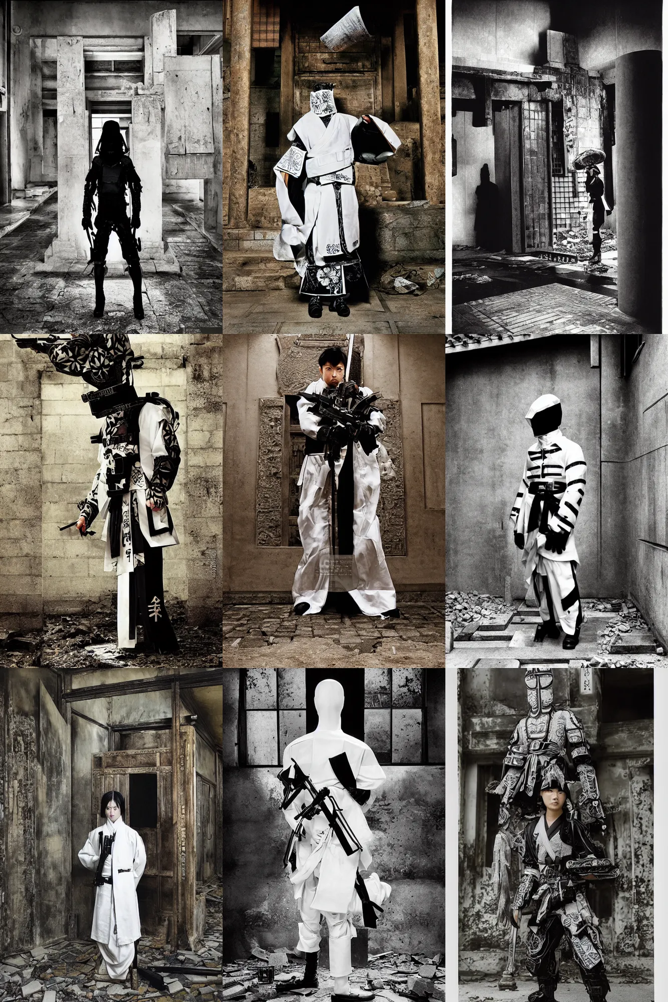 Prompt: fashion model with white and black ancestral ornate japanese tactical gear standing in an ancient japanese temple, long shot, dark abandoned city streets, by irving penn and storm thorgerson, ren heng, peter elson, alvar aalto