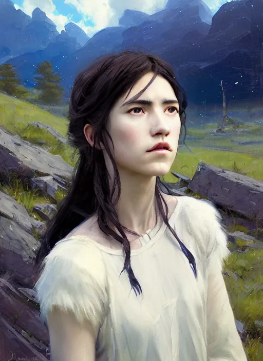 Image similar to portrait of Princess Mononoke, countryside near forest, calm, fantasy character portrait, dynamic pose, above view, sunny day, thunder clouds in the sky, artwork by Jeremy Lipkin and Giuseppe Dangelico Pino and Michael Garmash and Rob Rey, very coherent asymmetrical artwork, sharp edges, perfect face, simple form, 100mm