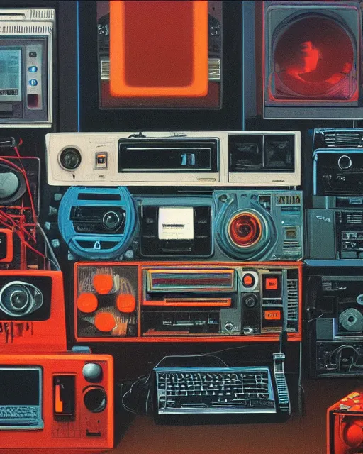 Prompt: a display of 8 0 s era technology, vintage shapes, retro technology, vintage color, 1 9 8 0 s tech, classic color scheme wayne barlow, oil on canvas, deep depth of field, masterpiece, cinematic composition, hyperdetailed