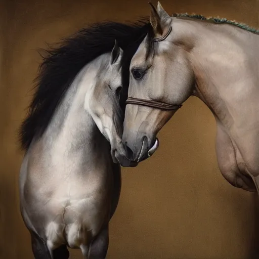 Image similar to a stunning ultra realistic painting of horses diffused into one another inside a stable by tom bagshaw, 24mm lens, 4k
