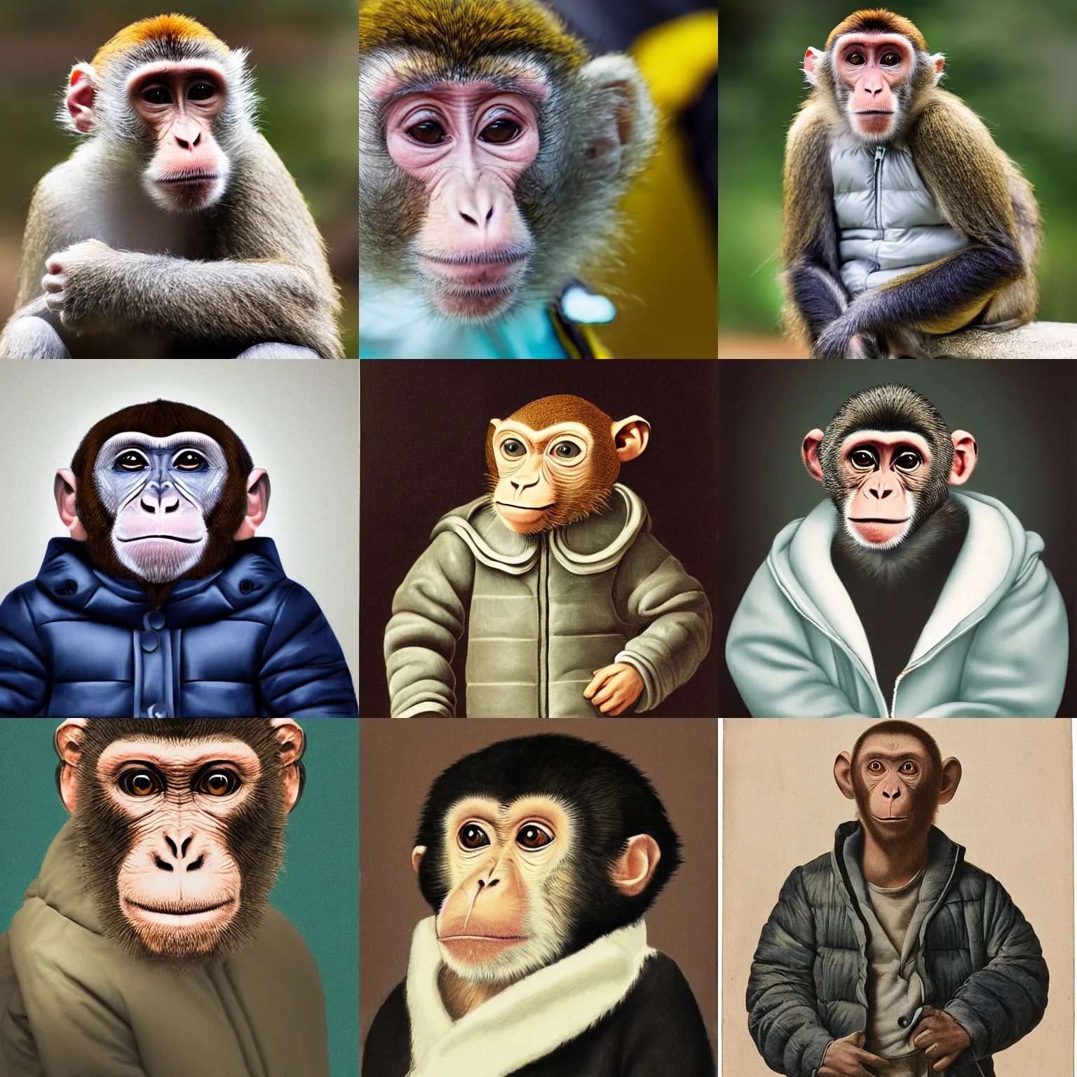 Prompt: portrait of a monkey wearing a puffer jacket