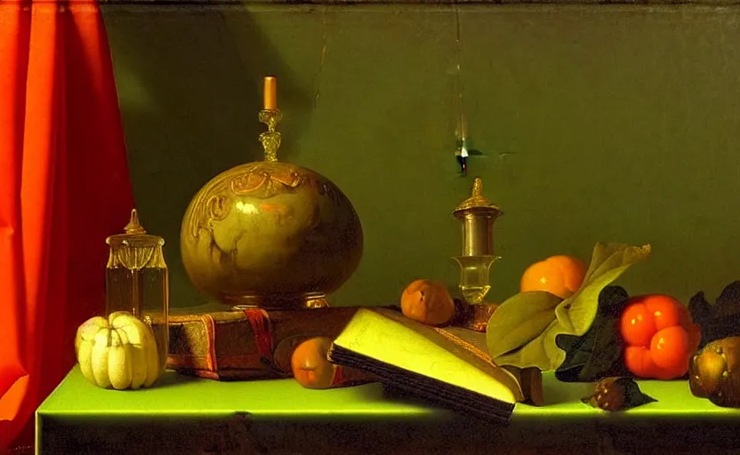 Prompt: still life by evaristo baschenis, jacopo de barberi, jan davidsz de hem | cloudpunk, vibrantly lush neon lighting, beautiful volumetric - lighting - style atmosphere, a mystical atmosphere, beautiful detailed, insanely intricate details